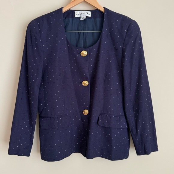 Vintage Christian Dior Navy Blue Polka Dot Gold Button Suit Jacket Size 8 - Picture 1 of 9